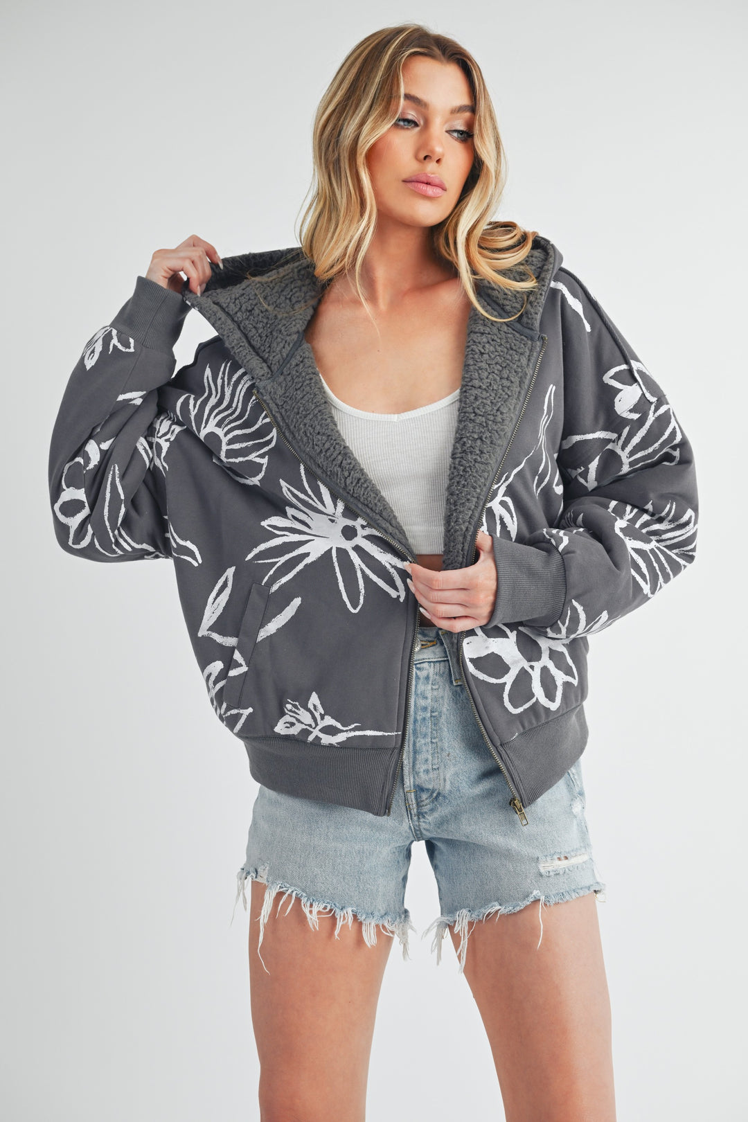 Aemi + Co Gray Flower Print Zip Up Sherpa Hoodie Hoodies