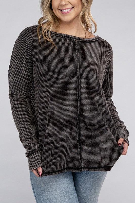 Plus Long Sleeve Cotton Waffle Knit Top Shirts & Tops