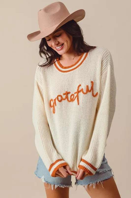 SO ME Thanksgiving Grateful Lettering Stitch Sweater Sweaters