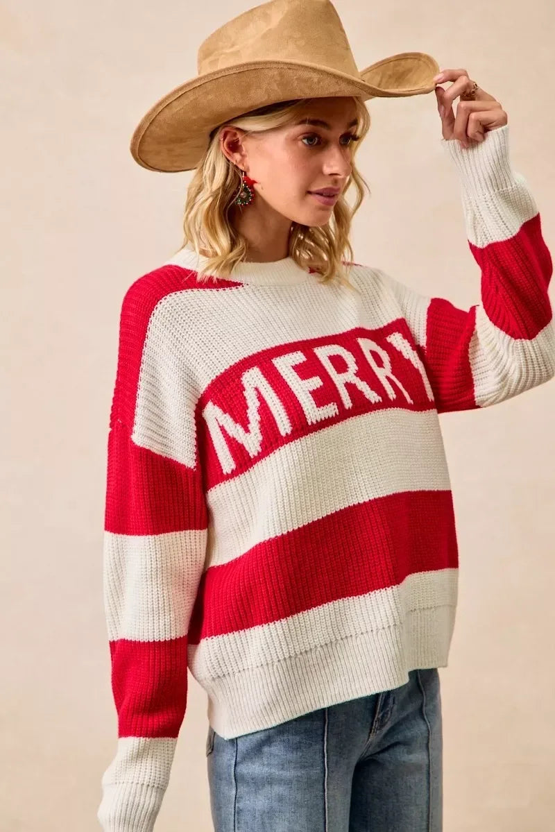 BiBi Christmas Merry Lettering Sweater - DAVERRI FASHIONS