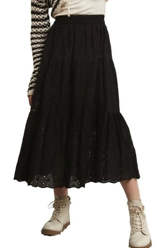 ADORA Elastic Waistband Tiered Midi Skirt Black S Skirts