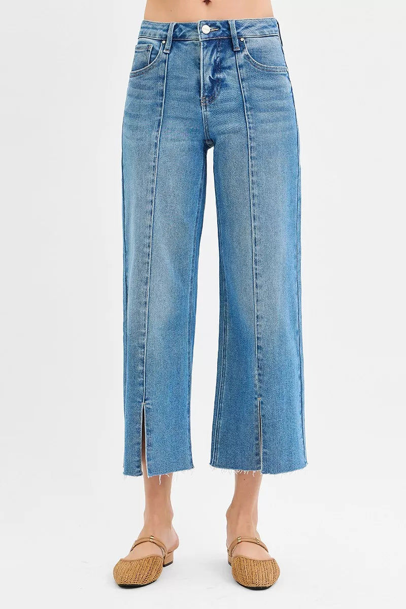 RISEN Tummy Control Mid Rise Crop Wide Front Slit Jeans | Jeans Daverri Fashions