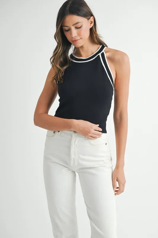 MABLE Contrast Trim Grecian Neck Cropped Tank Black