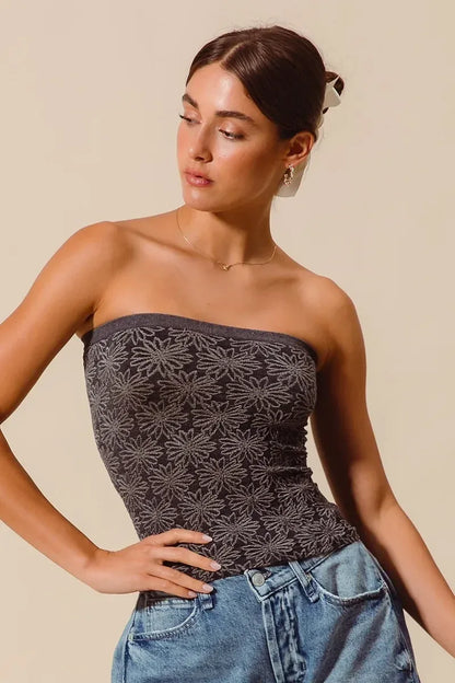SO ME Jacquard Floral Two Tone Seamless Tube Top - DAVERRI FASHIONS