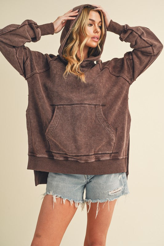 Aemi + Co Exposed Seam Side Slit Hoodie with Kangaroo Pocket Brown