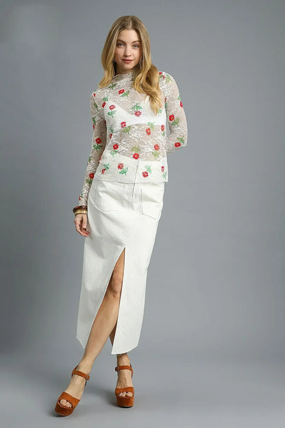 Umgee Floral Mock Neck Long Sleeve Sheer Top - DAVERRI FASHIONS