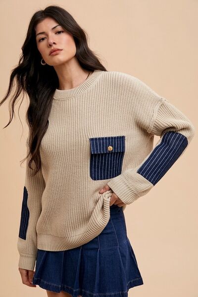 Annie Wear Contrast Round Neck Drop Shoulder Sweater with Patch Pocket Sweaters