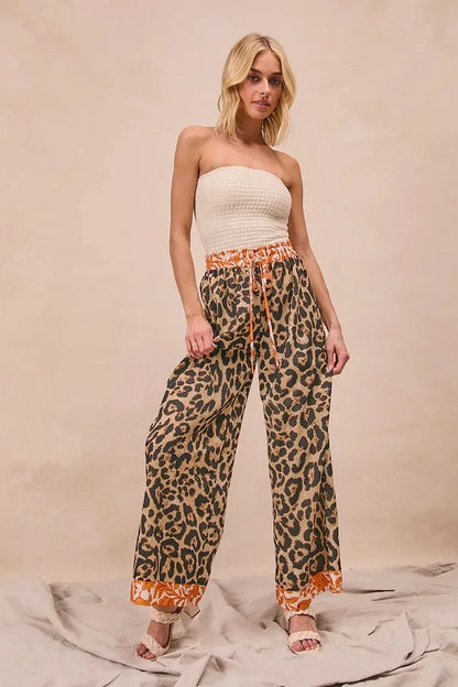BiBi Leopard Print With Contrast Banded Wide Pants - DAVERRI FASHIONS