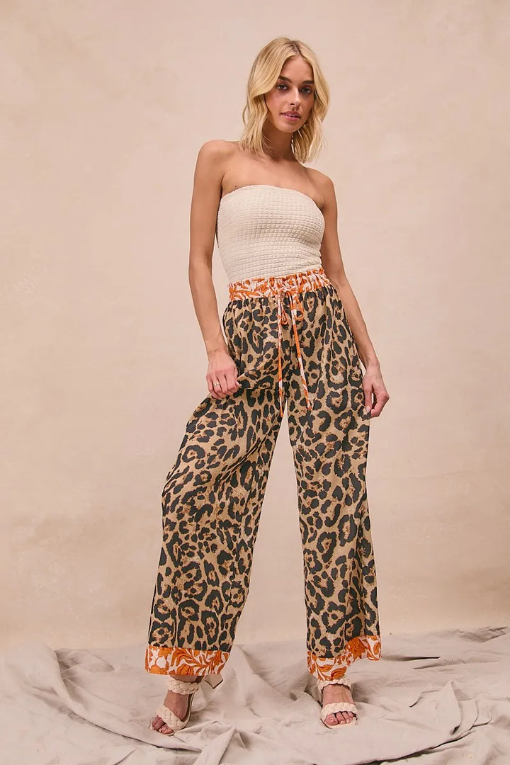 BiBi Leopard Print With Contrast Banded Wide Pants Pants