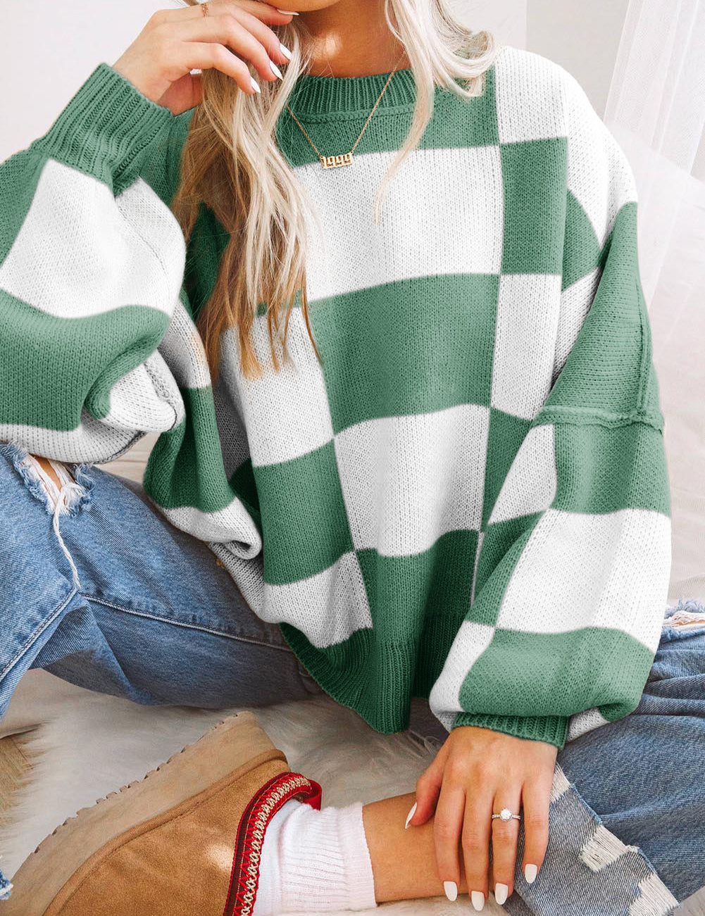 Green 100%Acrylic Checkered Bishop Sleeve Sweater | Sweaters Daverri Fashions
