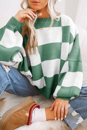 Green 100%Acrylic Checkered Bishop Sleeve Sweater | Sweaters Daverri Fashions
