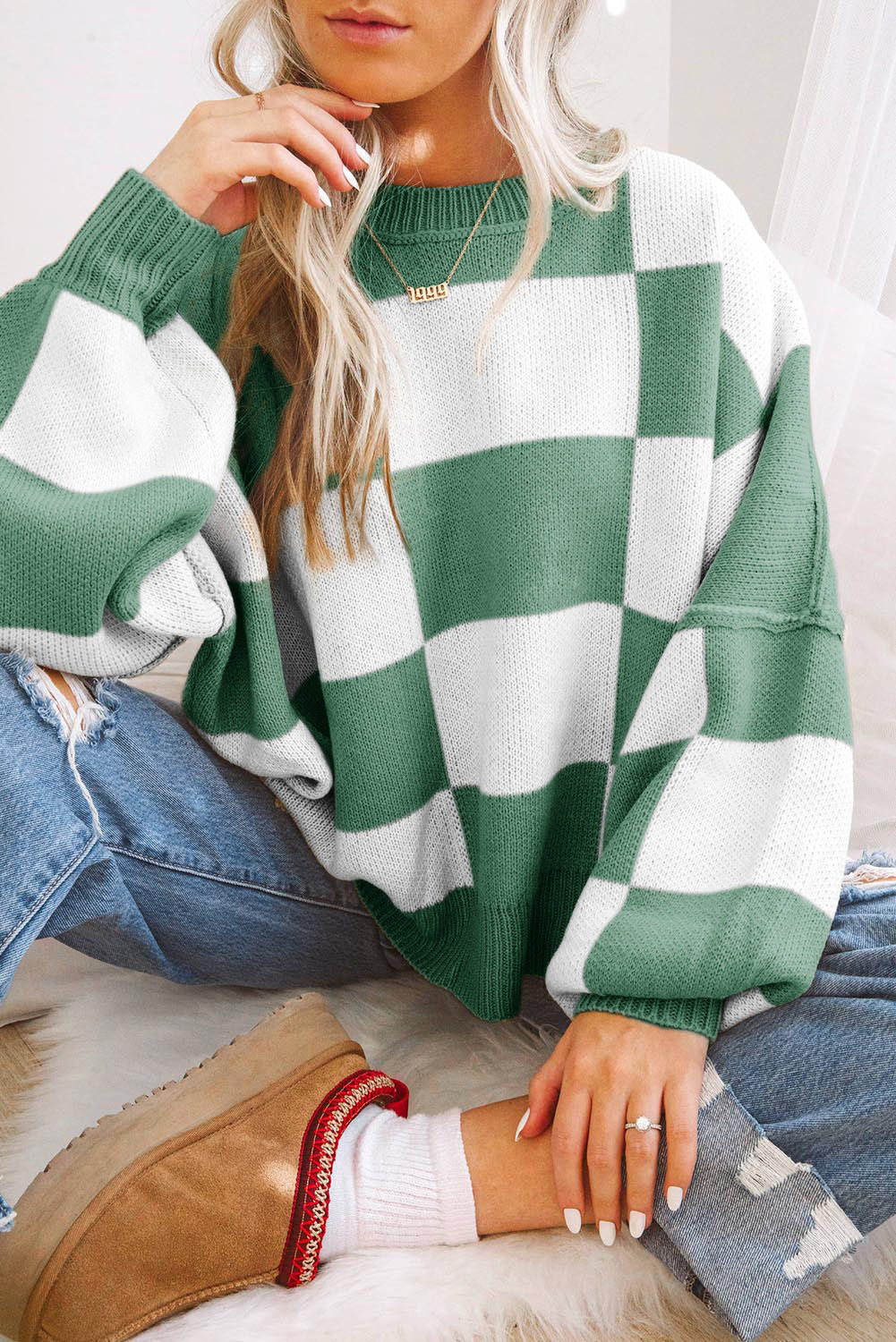 Green 100%Acrylic Checkered Bishop Sleeve Sweater | Sweaters Daverri Fashions