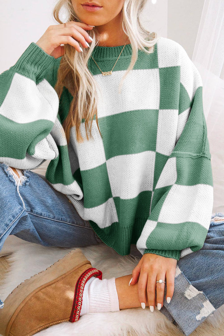 Green 100%Acrylic Checkered Bishop Sleeve Sweater | Sweaters Daverri Fashions