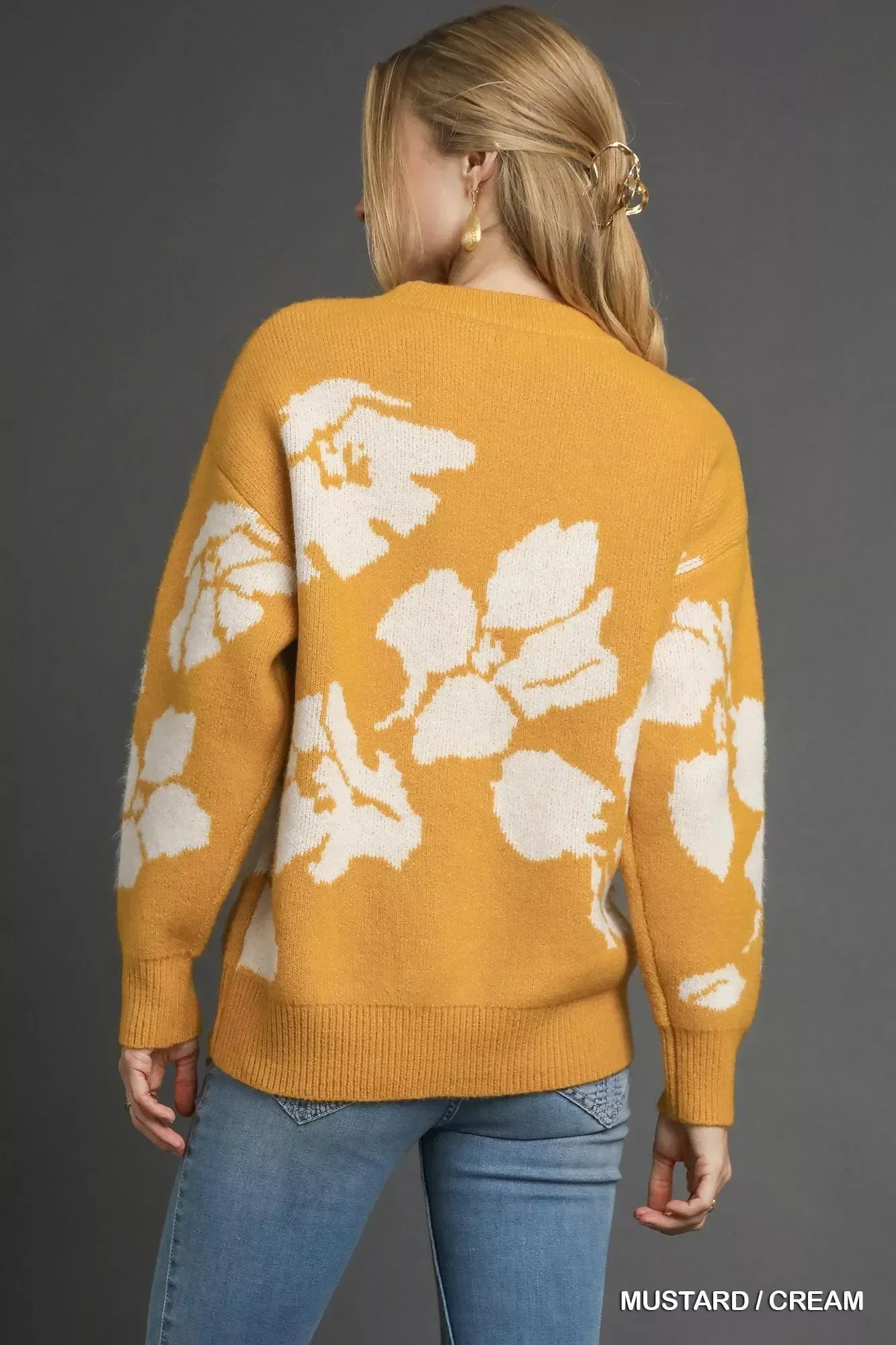 Umgee Floral Long Sleeve Sweater Mustard - DAVERRI FASHIONS