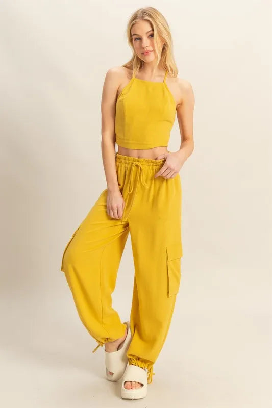 HYFVE Crop Top and Cargo Pants Set MUSTARD Outfit Sets