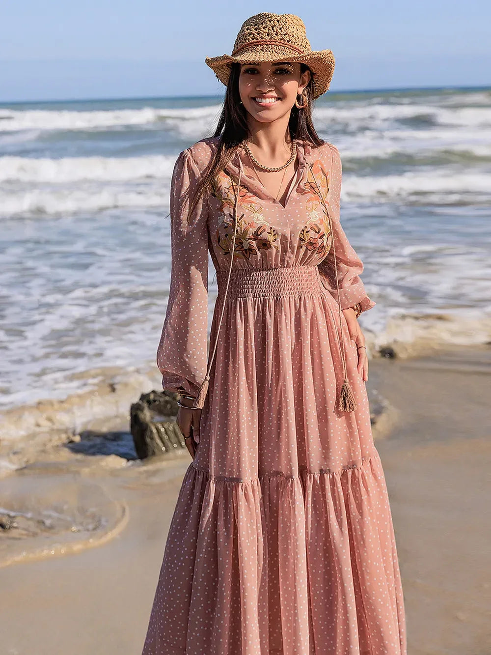 Boho pink lace maxi dress with straw hat and layered necklace