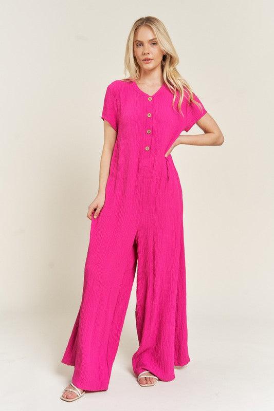 TEXTURED SHORT SLEEVE JUMPSUIT Jumpsuits