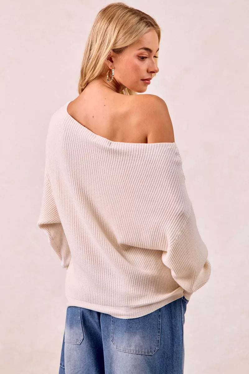 BiBi Waffle Knit Off Shoulder Cream Ribbed Sweater