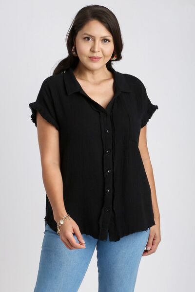 Umgee Full Size Frayed Hem Collared Neck Short Sleeve Shirt Plus Size