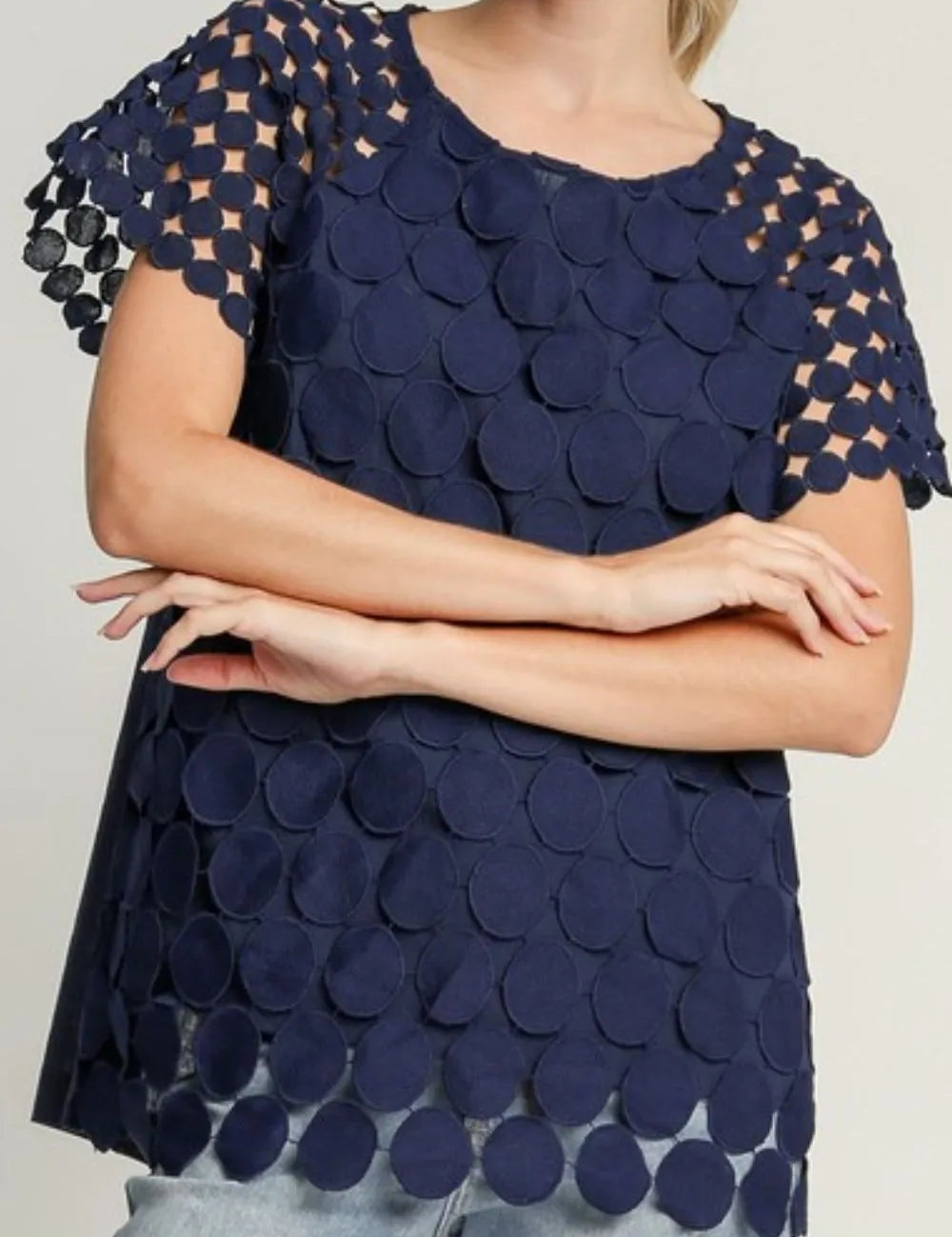 Umgee Full Size Mixed Polka Dot Lace Raglan Sleeve Boxy Cut Top | Tops Daverri Fashions