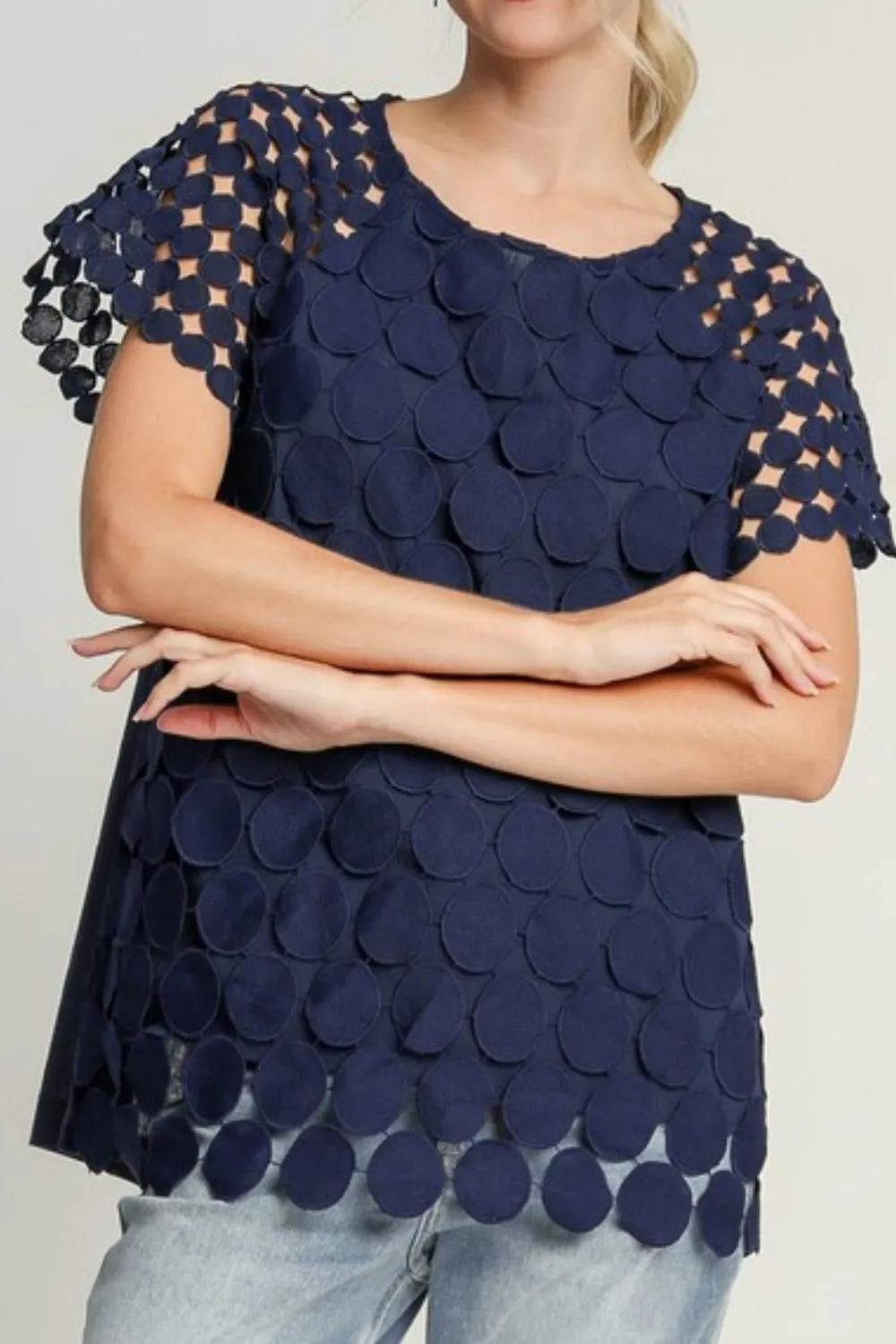 Umgee Full Size Mixed Polka Dot Lace Raglan Sleeve Boxy Cut Top Tops