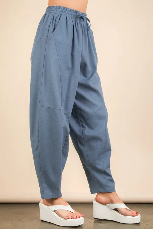 VERY J Denim Blue Solid Barrel Comfy Woven Pants Pants