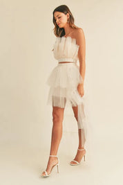 MABLE Tulle Tube Ruffle Crop Top and High Low Maxi Skirt Set | Outfit Sets Daverri Fashions