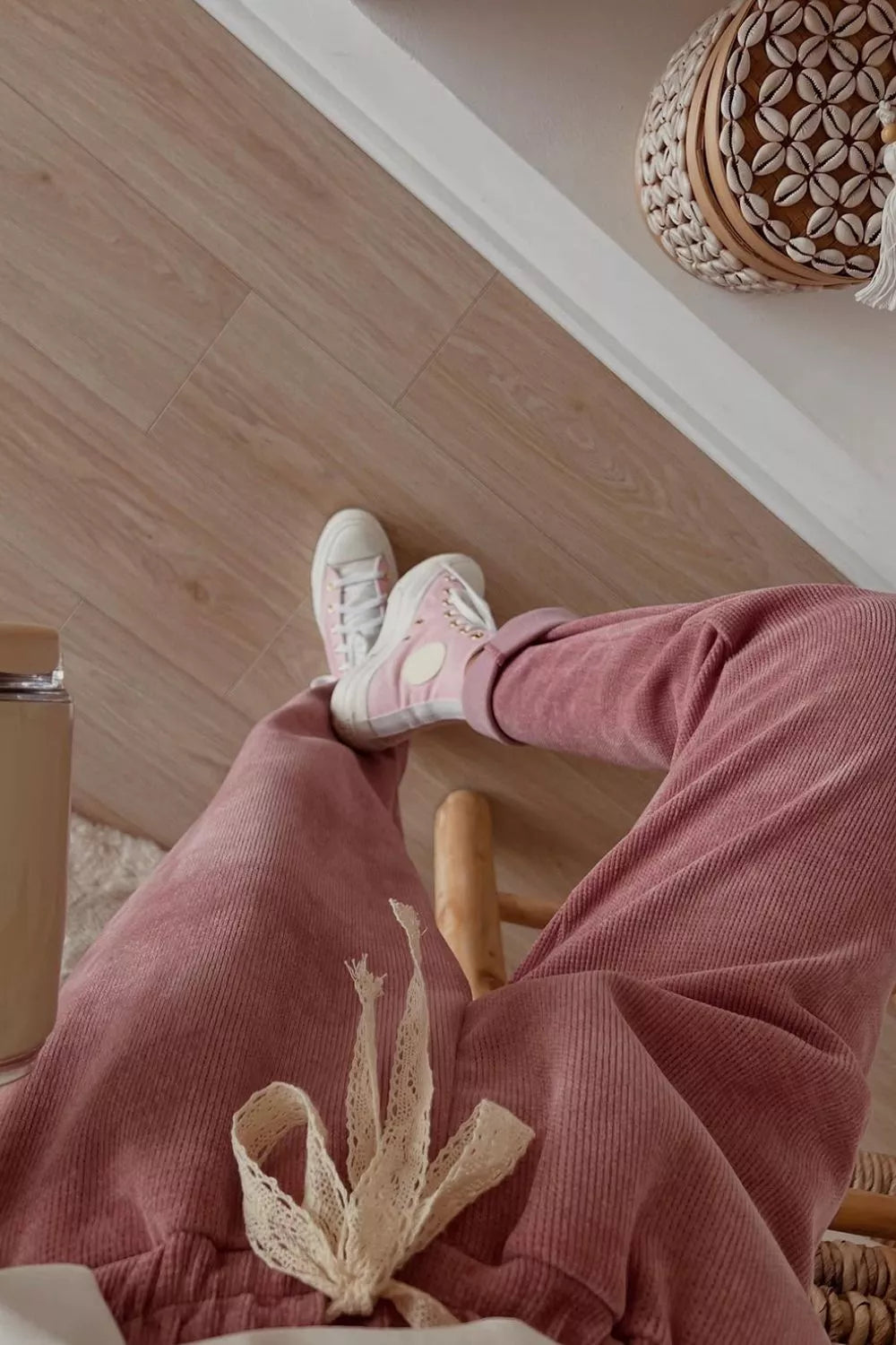 Pink corduroy pants with lace waist tie in Daverri Fashions set