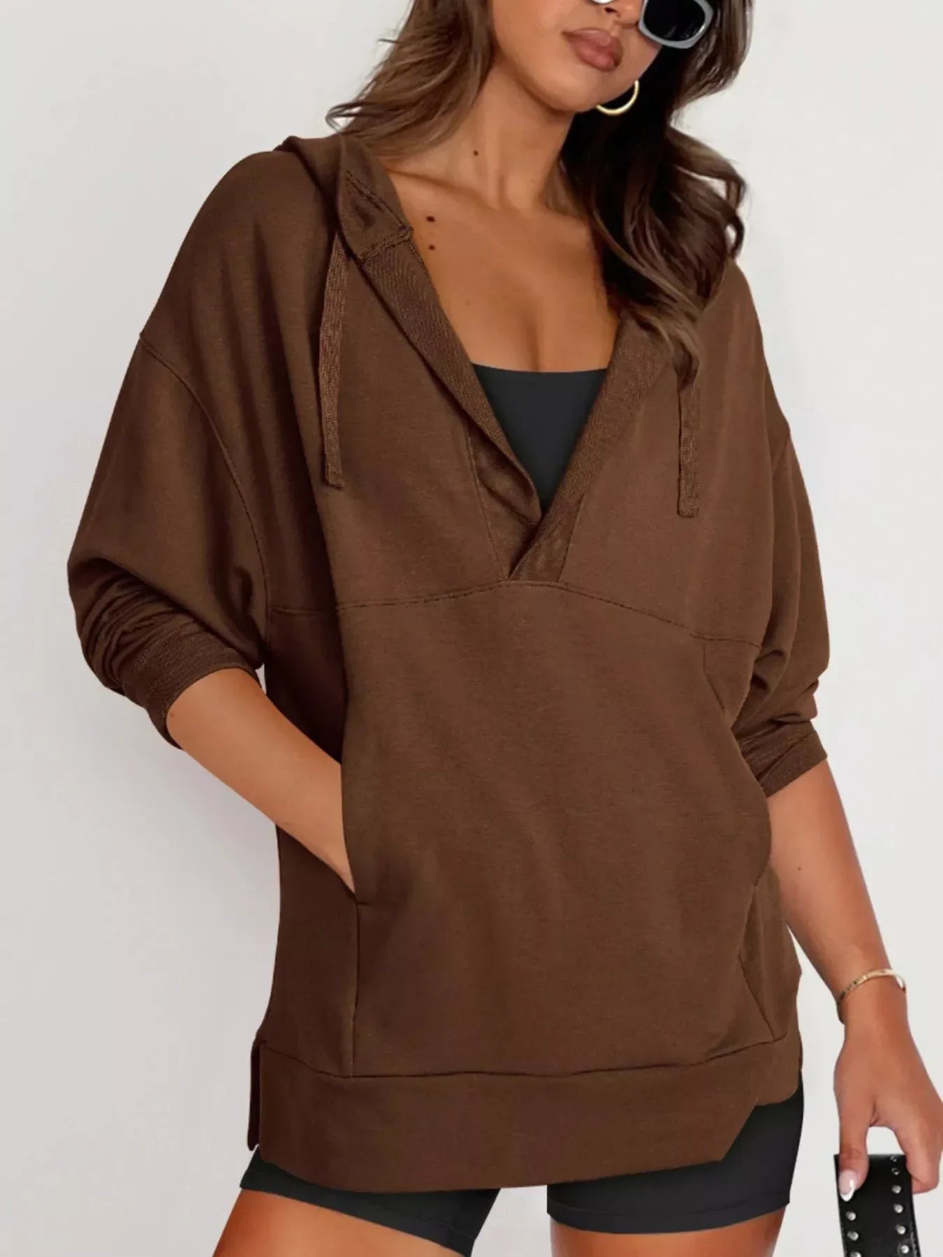 Drawstring Kangaroo Pocket Long Sleeve Hoodie - DAVERRI FASHIONS