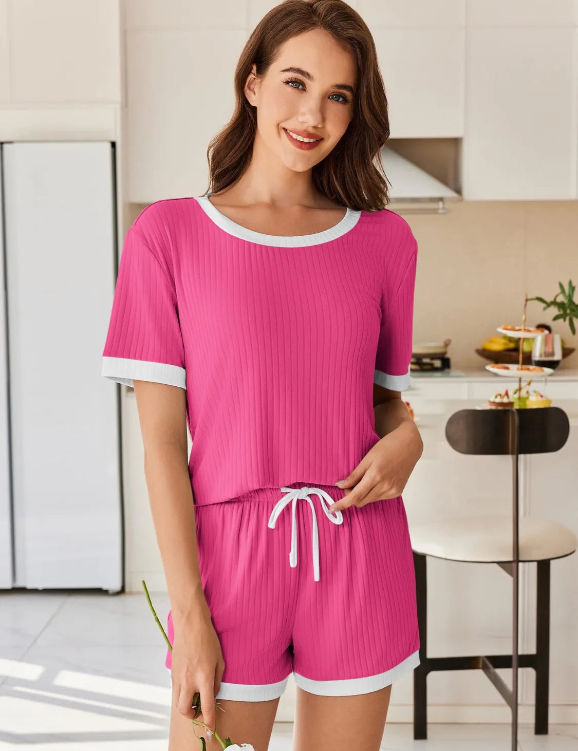 Daverri Fashions pink white trim ribbed pajama set