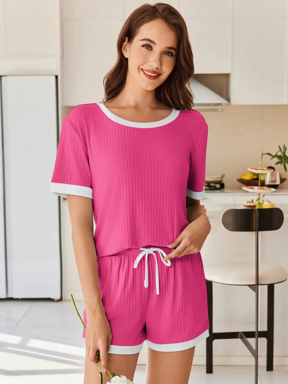 Daverri Fashions pink white trim ribbed pajama set