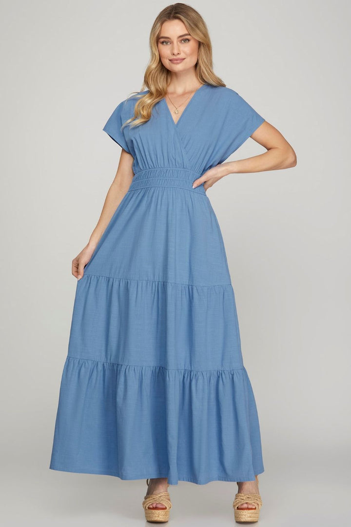 She + Sky Surplice Short Sleeve Tiered Maxi Dress With Pockets Cerulean Maxi Dresses