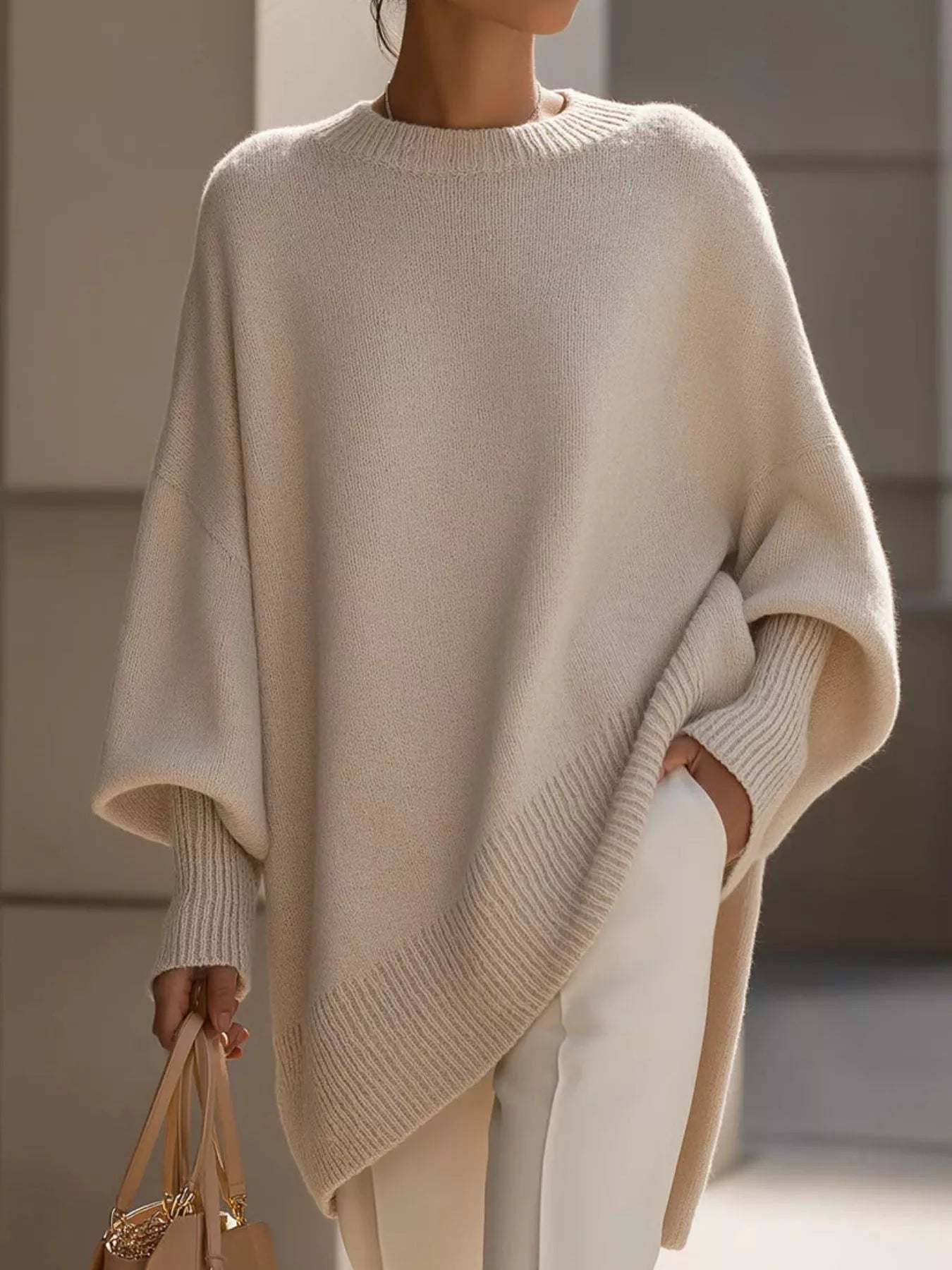 Cream oversized batwing sleeve poncho with ribbed cuffs