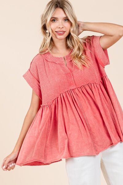 Mittoshop Mixed Media Mineral Wash Babydoll Short Sleeve Blouse Coral