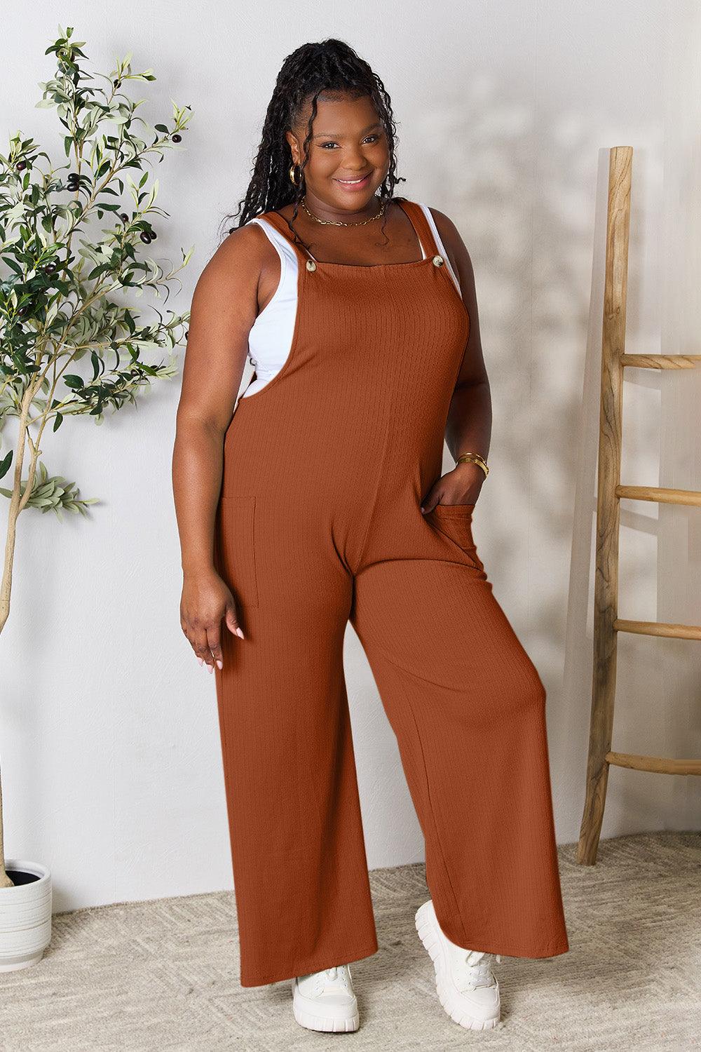 Double Take Full Size Wide Strap Overall with Pockets Ochre XL Overalls