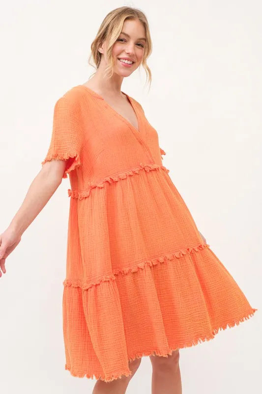 And The Why Washed Frayed Detail Tiered Dress Knee Length Dresses