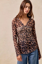 BiBi Leopard Printed Mesh Shirt With Button Up V Neck | Shirts Daverri Fashions