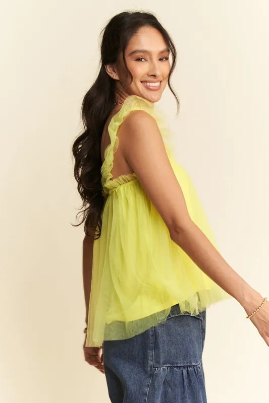 Vibrant yellow Davi & Dani shirred ruffle strap tulle babydoll top