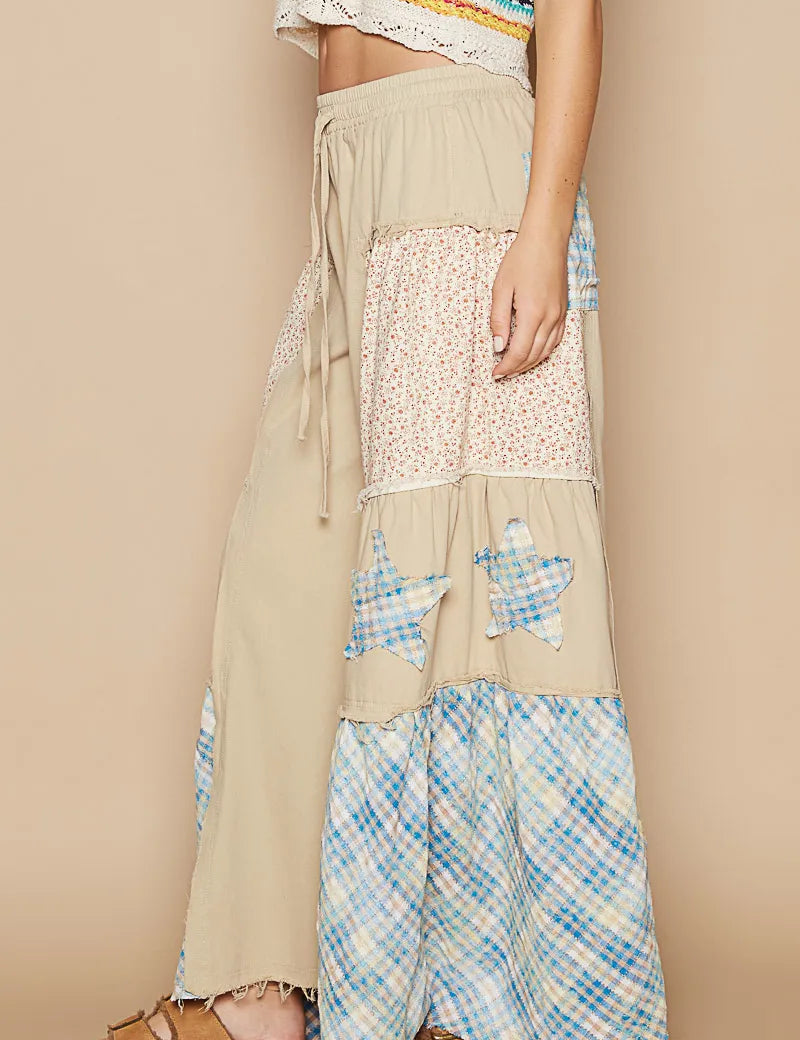 POL Drawstring Star Patch Contrast Wide Leg Pants | Daverri Fashions