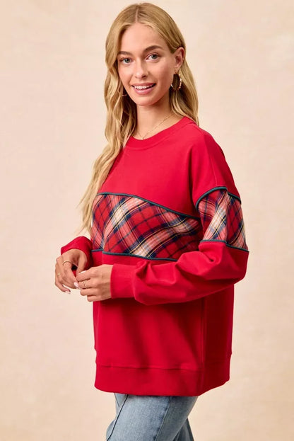 BiBi Christmas Theme Plaid Block Sweatshirt with Binding - DAVERRI FASHIONS