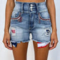 American flag distressed denim shorts with patriotic patches