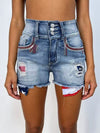 American flag distressed denim shorts with patriotic patches