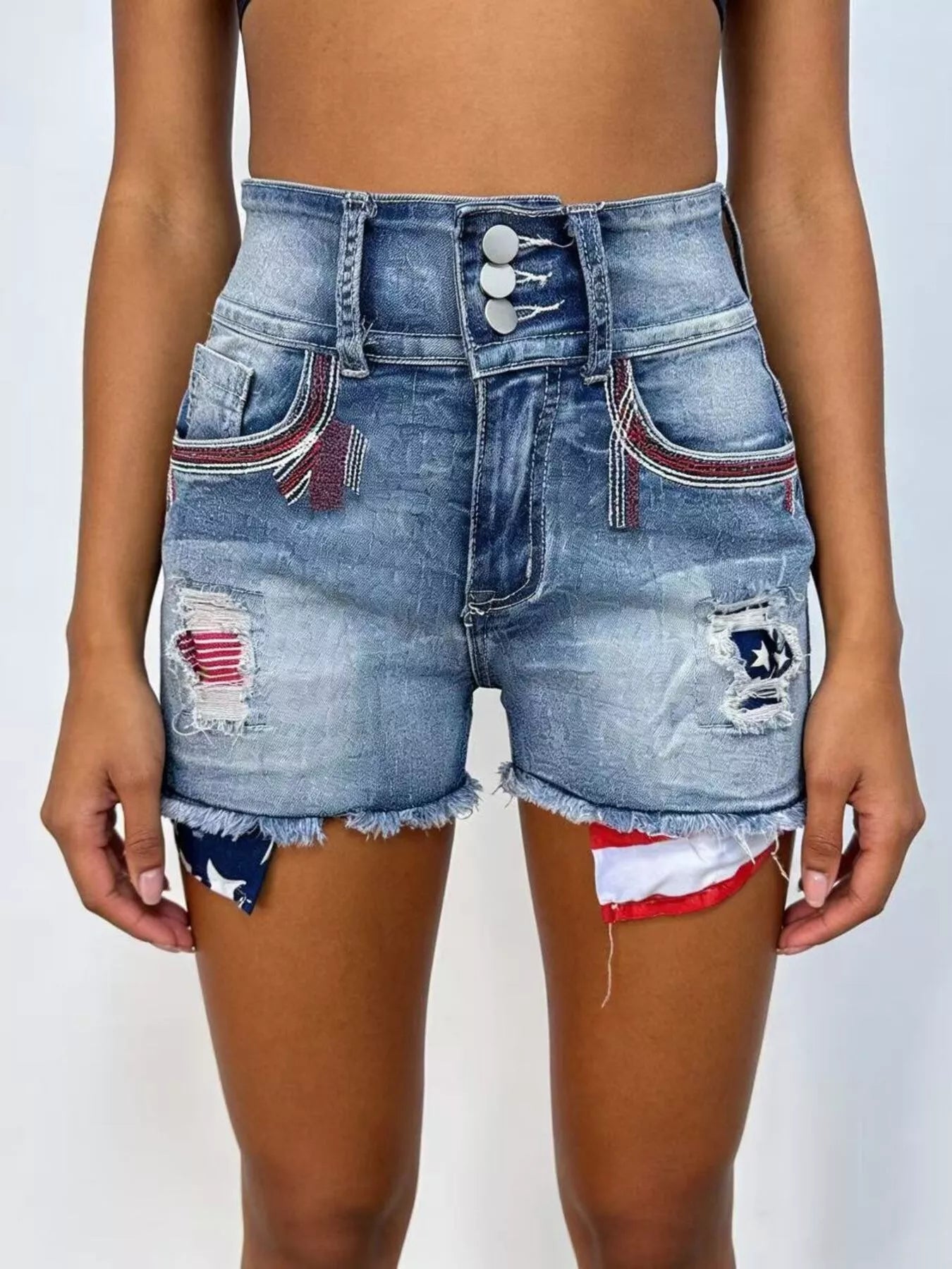 American flag distressed denim shorts with patriotic patches