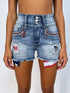 American flag distressed denim shorts with patriotic patches