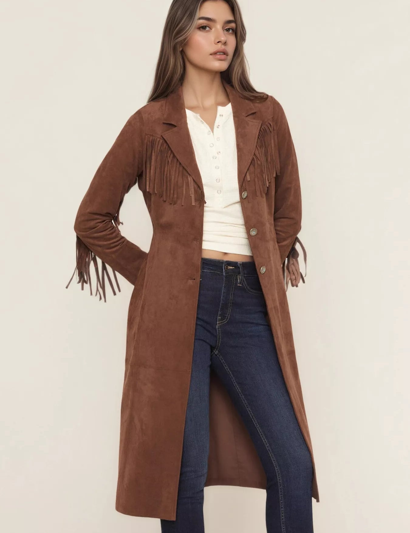 Brown Fringe Lapel Collar Long Sleeve Coat | Daverri Fashions