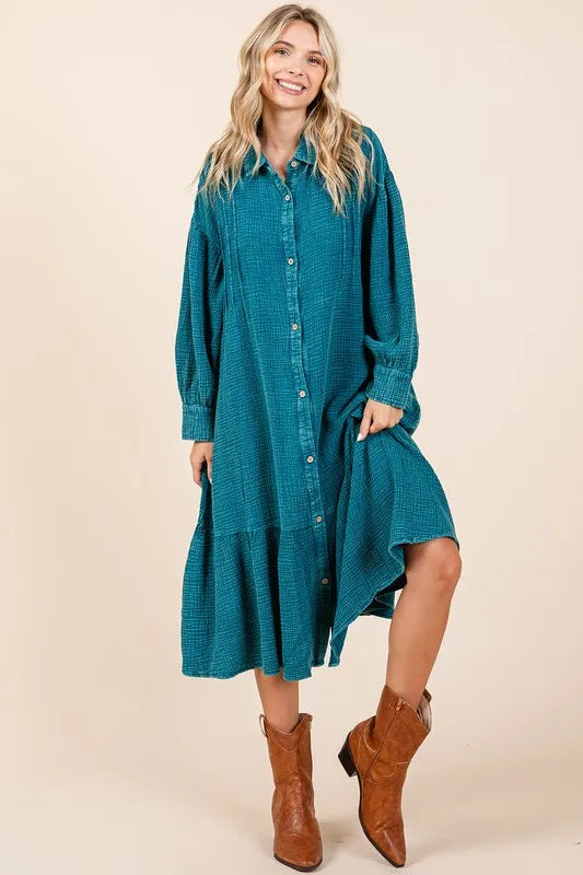 Mittoshop Mineral Wash Cotton Gauze Ruffle Midi Shirt Dress Topaz Blue S M Midi Dresses