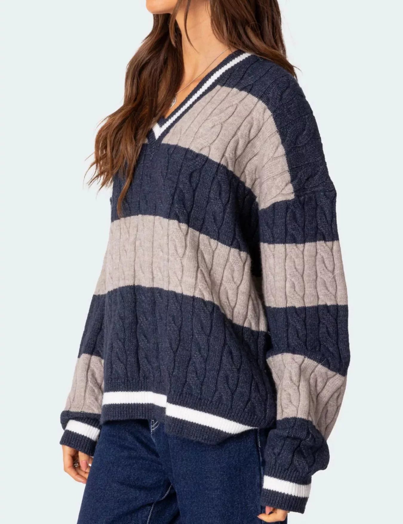 Striped Cable Knit V-Neck Sweater | Sweaters Daverri Fashions