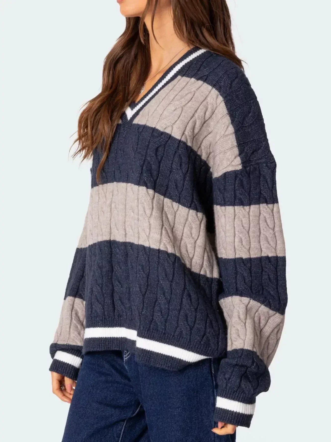 Striped Cable Knit V-Neck Sweater - DAVERRI FASHIONS