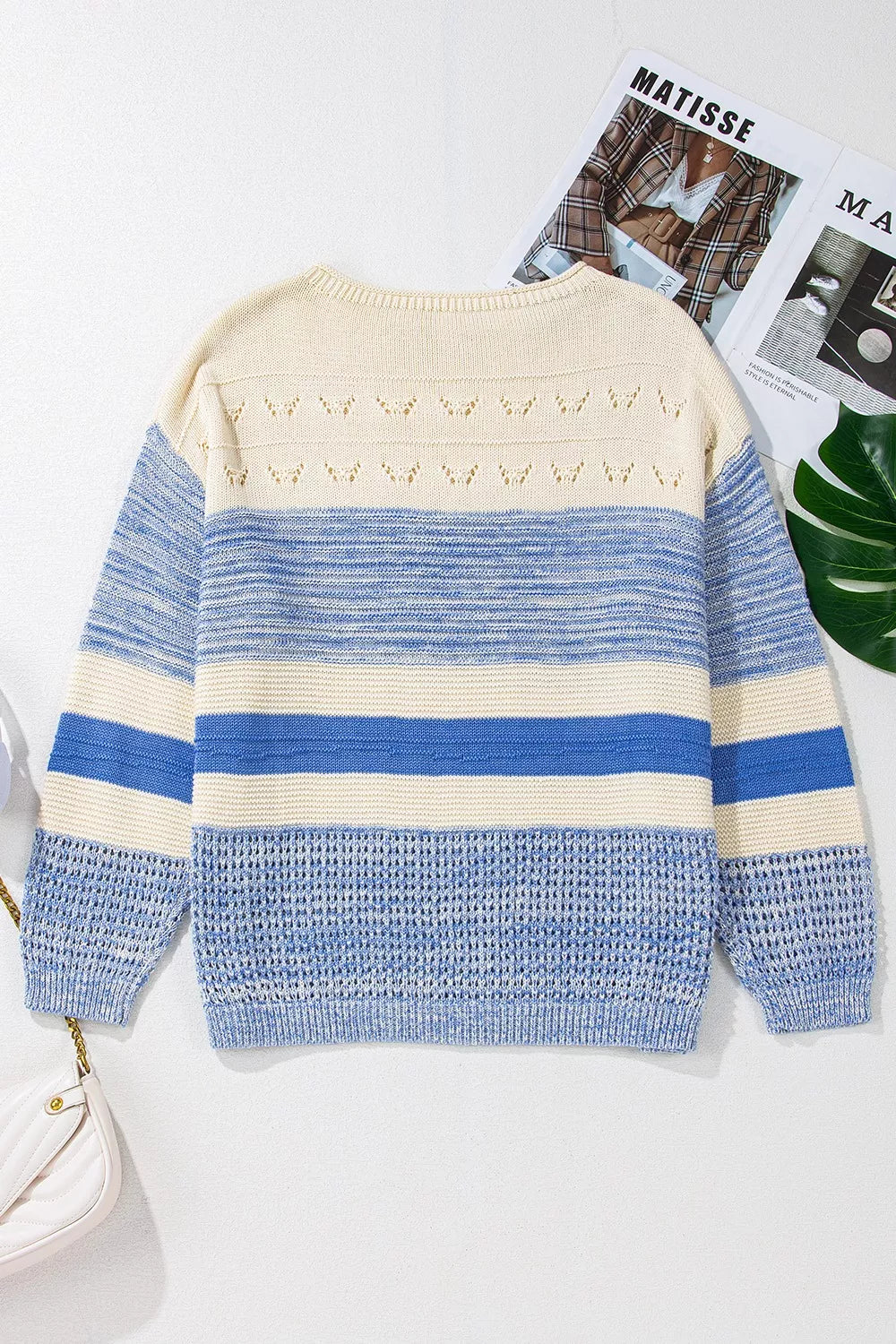 Cozy openwork striped knit long-sleeve sweater in cream and blue