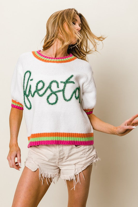 BiBi FIESTA Metallic Letter Short Puff Sleeve Sweater Green Sweaters